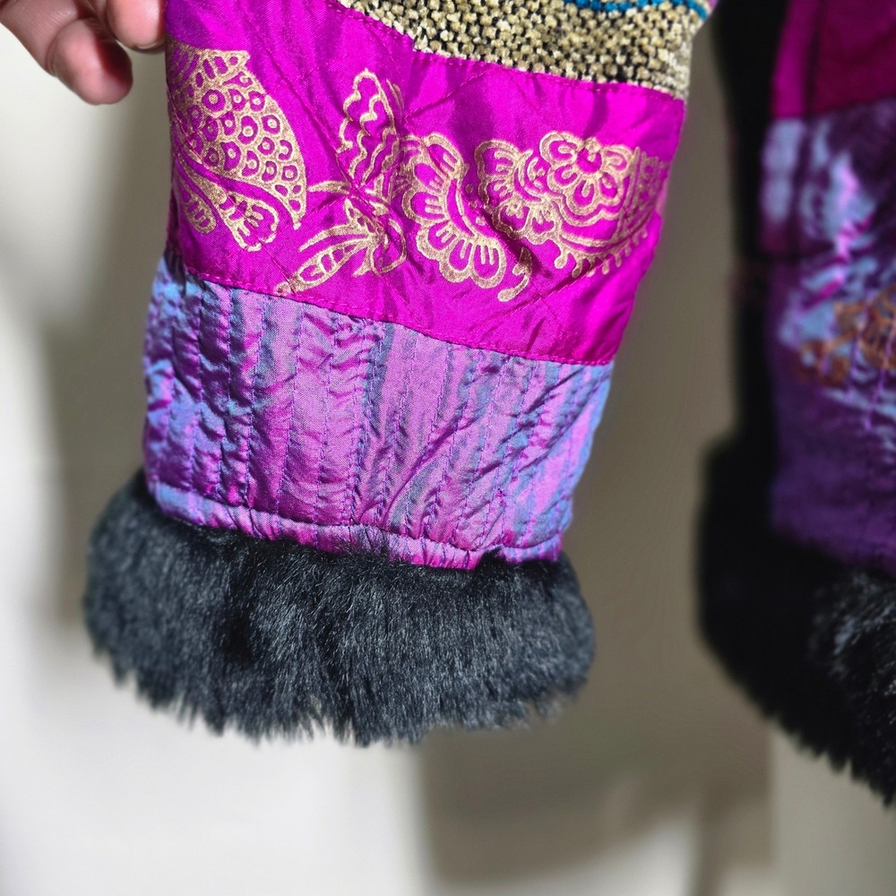 Patchwork Velvet Silk Fur boho Jacket Women's Emb… - image 5
